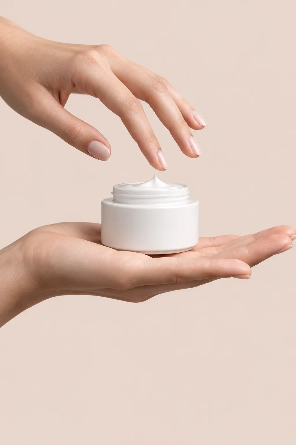 Mãos apresentando um pote de creme para cuidados com a pele